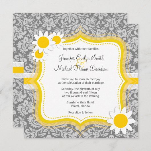 Vintag Gray Damask mit Daisy Einladung (Vorne/Hinten)