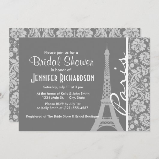 Vintag Gray Damask Paris Einladung (Vorne/Hinten)