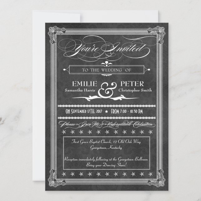 Vintag Gray Damask Poster Style Wedding Einladung (Vorderseite)