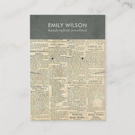 VINTAG GRAY NEWSPAPER NECKLACE EARRING DISPLAY VISITENKARTE (Vorderseite)