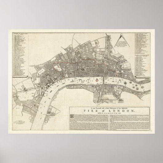 Vintag Great Fire of London Map (1666) Poster (Vorne)