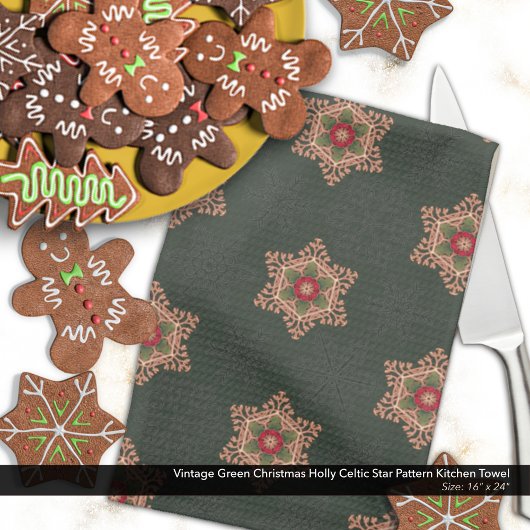 Vintag Green Christmas Holly Celtic Star Pattern Geschirrtuch