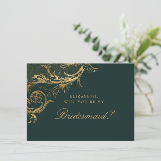 Vintag Green Gold Floral Damask Bridesmaid Einladung (Stehend Vorderseite)