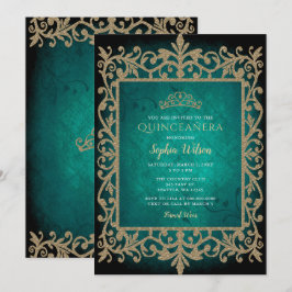 Vintag Green Gold Princess Tiara Quinceañera Einladung