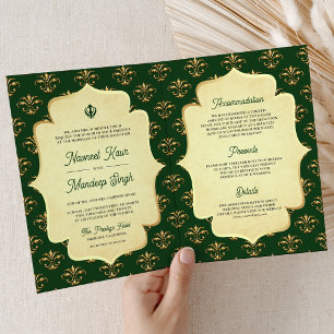 Vintag Green Gold Verziert Anand Karaj Sikh Weddin Einladung