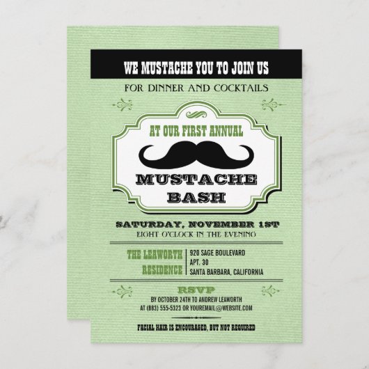 Vintag Green Mustache Bash Einladung (Vorne/Hinten)