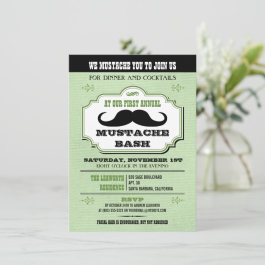 Vintag Green Mustache Bash Einladung (Stehend Vorderseite)