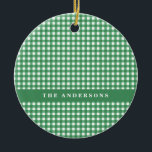 Vintag Green und White Gingham Kariert Personalisi Keramik Ornament<br><div class="desc">Vintag Green und White Gingham Karierte Personalisierte Weihnachtsfeier Keramik Ornament</div>
