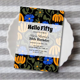 Vintag Groovy Blume Hallo Fünfzig Schwarzer Geburt Einladung