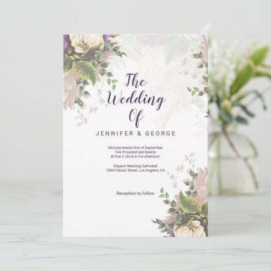 Vintag-grüne lila Elfenbeinblütenhochzeit Einladung (Stehend Vorderseite)