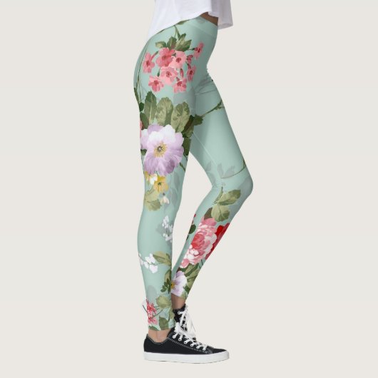 Vintag grünes Blumendesign Leggings (Rechts)