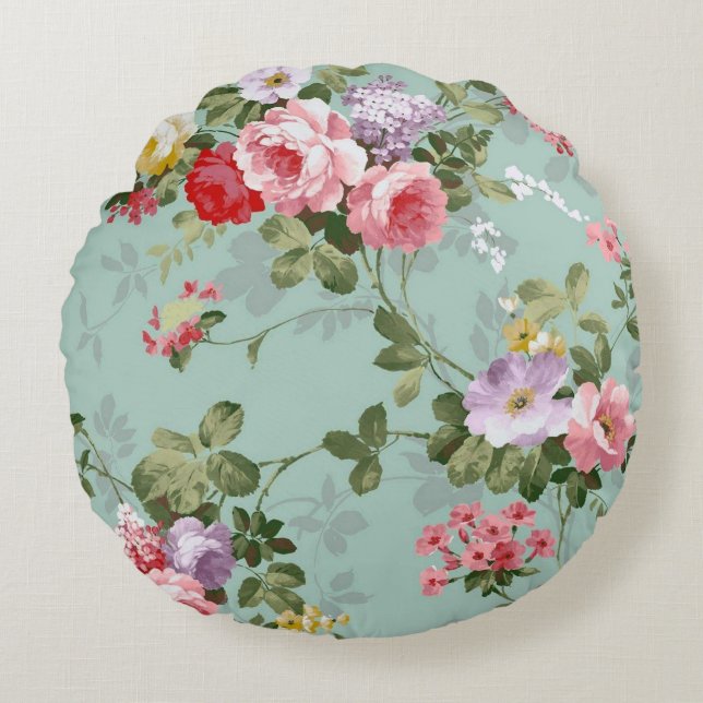 Vintag grünes Blumendesign Rundes Kissen (Vorderseite)