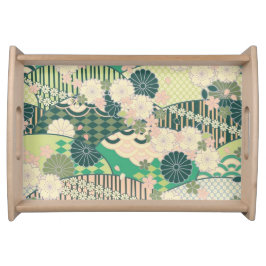 Vintag-grünes Rosa-Blume Kimono Serviertablett