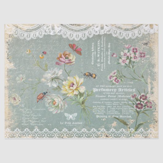 Vintag Grunge Aquamarin Florals Dekoupage Seidenpapier (Vorderseite)