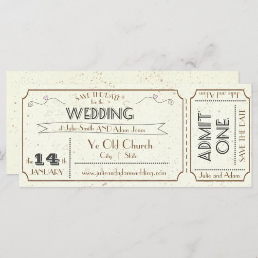 Vintag Grunge Ticket Save the Date (Vorne/Hinten)