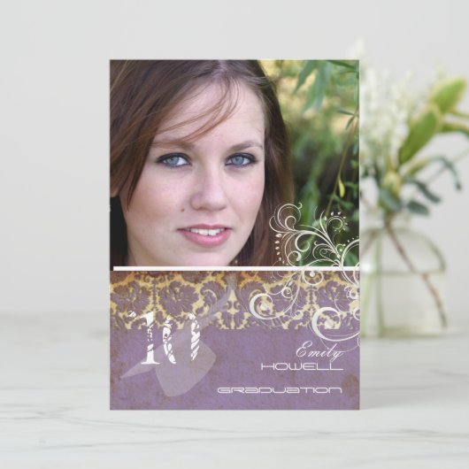 Vintag/Grunge/Wirbel/Damast/Abschlüsse Einladung (Stehend Vorderseite)