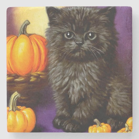 Vintag Halloween Kitten Steinuntersetzer (Vorderseite)