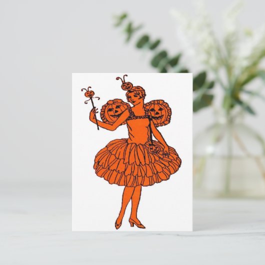 Vintag Halloween Pumpkin Fairy Postkarte (Stehend Vorderseite)