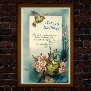Vintag Happy Birthday 1917 Bird Nest Poster