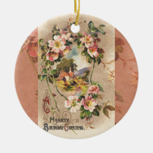 Vintag Happy Birthday Card Artwork Keramikornament