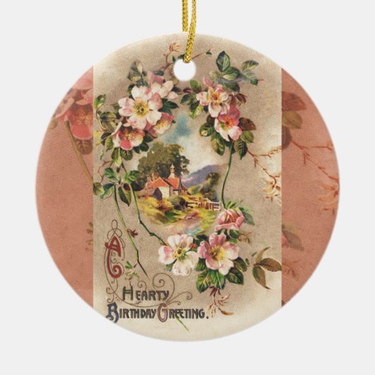 Vintag Happy Birthday Card Artwork Keramikornament (Vorne)