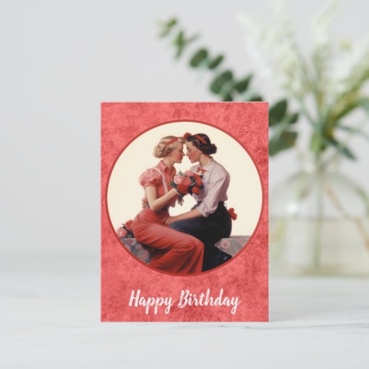 Vintag Happy Birthday Lesbian Couple Postkarte (Stehend Vorderseite)