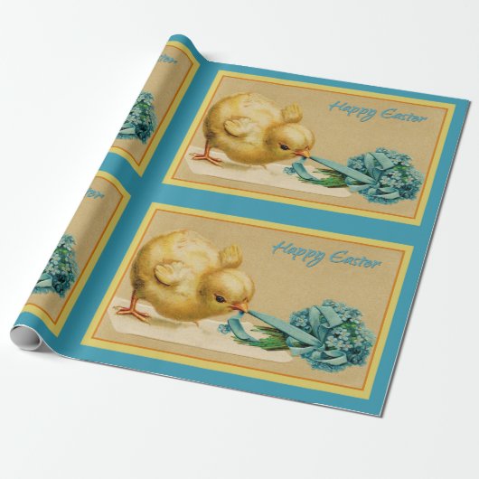 Vintag Happy Easter Chick mit Blauen Blumen Geschenkpapier (Ungerollt)