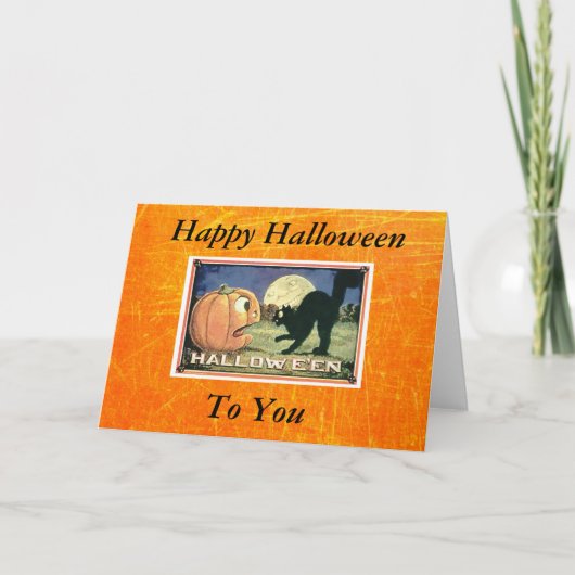 Vintag Happy Halloween Pumpkin mit Black Cat Karte (Vorderseite)