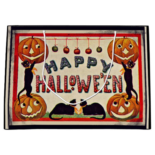 Vintag Happy Halloween Pumpkins Black Cats Große Geschenktüte (Vorderseite)