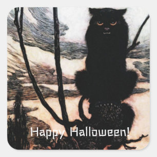 Vintag Happy Halloween Spooky Cat Arthur Rackham Quadratischer Aufkleber