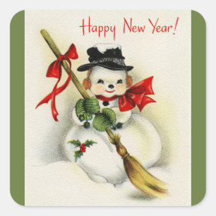 Vintag Happy New Year Snowman Green Quadratischer Aufkleber