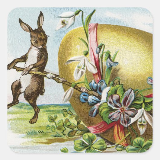 Vintag Happy Oaster Bunny Rabbits Ostereier Quadratischer Aufkleber (Vorderseite)