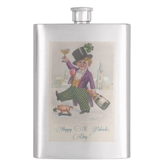Vintag Happy St Patricks Day Kleeblatt Champagne Flachmann (Vorderseite)