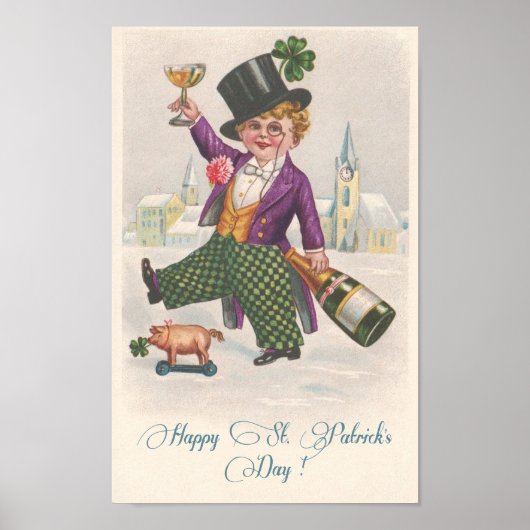 Vintag Happy St Patricks Day Kleeblatt Champagne Poster (Vorne)