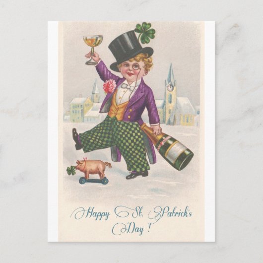 Vintag Happy St Patricks Day Kleeblatt Champagne Postkarte (Vorderseite)