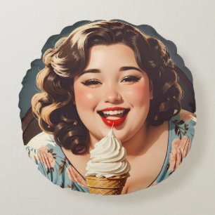 Vintag Happy Woman Eating Ice Creme Rundes Kissen