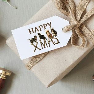 Vintag Happy Xmas Niedlich Cat Kitten Weihnachten Geschenkanhänger