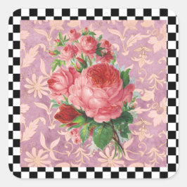 Vintag Harlequin Pink Roses Quadratischer Aufkleber