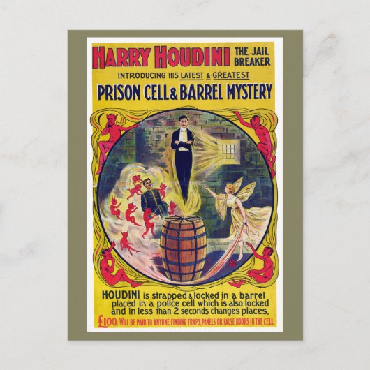 Vintag Harry Houdini Prison Cell & Barrel Mystery Postkarte (Vorderseite)