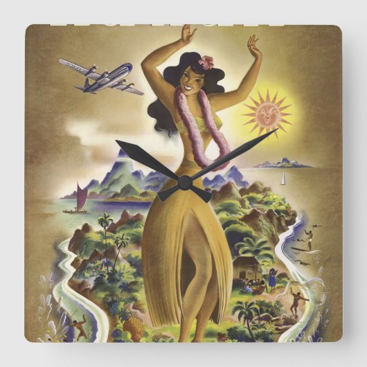 Vintag Hawaii 2 Quadratische Wanduhr (Vorderseite)