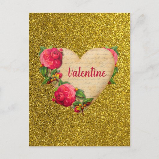 Vintag Heart Gold Glitzer Valentinstag Card Postkarte (Vorderseite)
