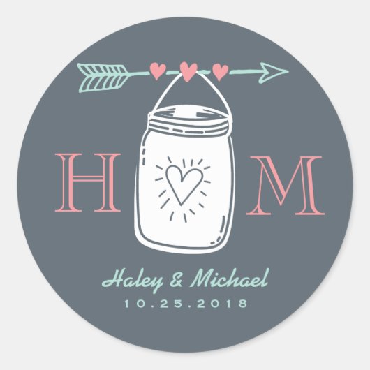Vintag Heart Mason Jar Monogram Wedding Sticker (Vorderseite)