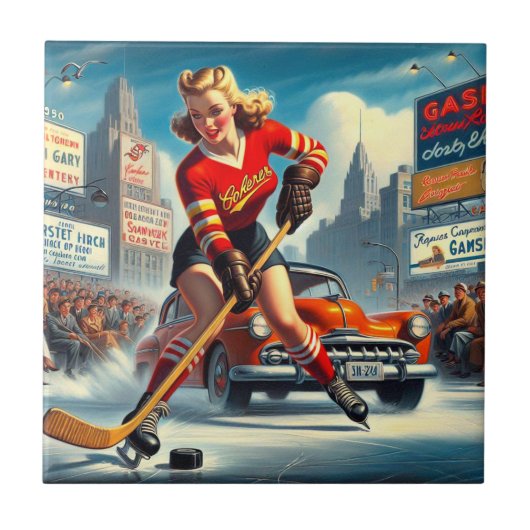 Vintag Hockey Girl Fliese (Vorderseite)