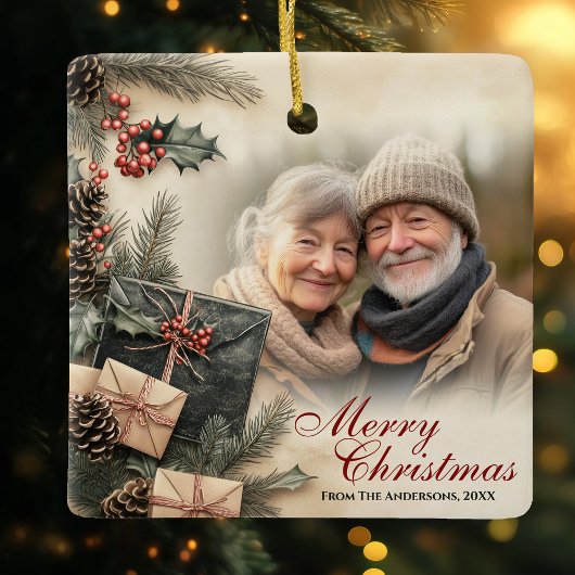 Vintag Holly Berries Beige Foto Weihnachten Keramikornament