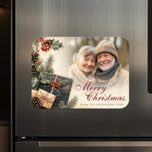 Vintag Holly Berries Beige Foto Weihnachten Magnet