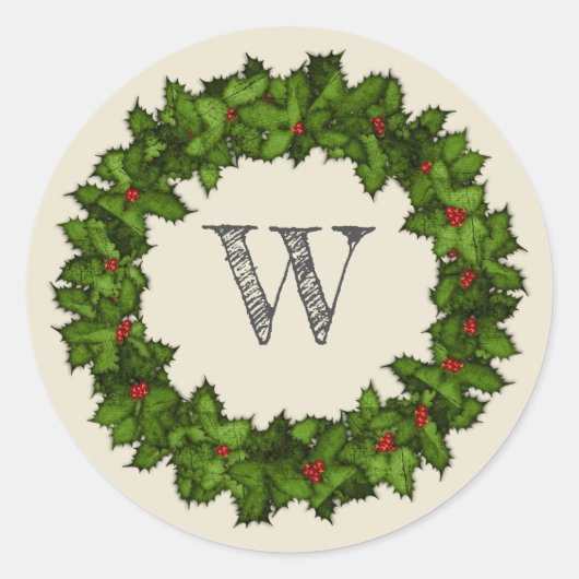 Vintag Holly Berries Wreath Gray Monogram Runder Aufkleber (Vorderseite)
