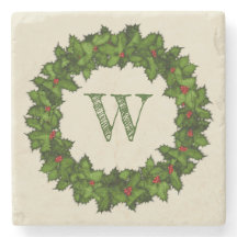 Vintag Holly Berries Wreath Green Monogram
