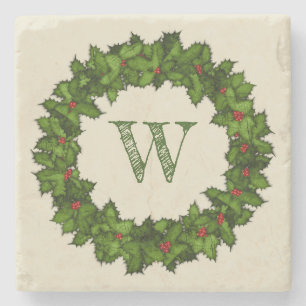 Vintag Holly Berries Wreath Green Monogram Steinuntersetzer