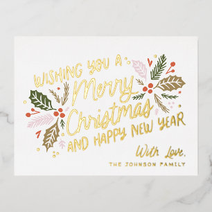 Vintag Holly Bright Typografie Weihnachten Folien Feiertagspostkarte