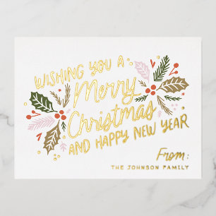Vintag Holly Bright Typografy Christmas Foil Folien Feiertagspostkarte